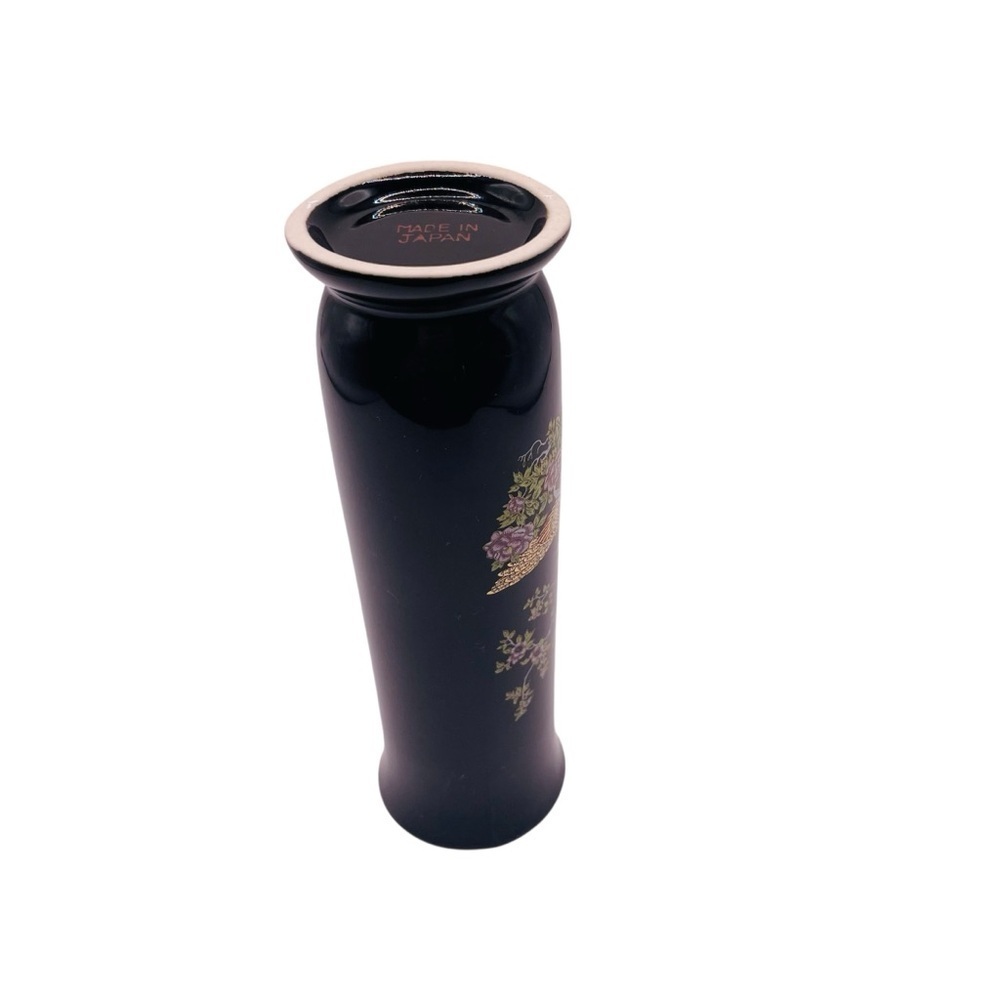 Vintage Otagiri Japan Peacock Crown Iris Black Gold Ceramic Bud Vase 6.5 In - Picture 8 of 13